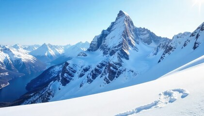 Majestic snowy mountain peak with untouched powder, perfect for skiing , trees, serene