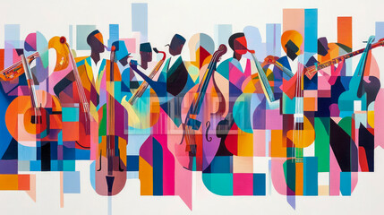 Fototapeta premium Abstract Musicians: A Vibrant Composition of Jazz Instruments and Geometric Shapes