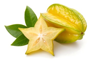 Fototapeta premium Whole and sliced star fruit with leaves isolated on white background – tropical carambola cutout