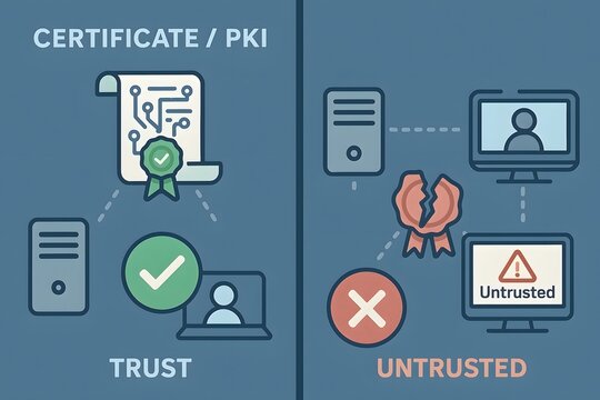Cybersecurity illustration demonstrating trust and untrusted connections using certificates and pki infrastructure, important for business security.