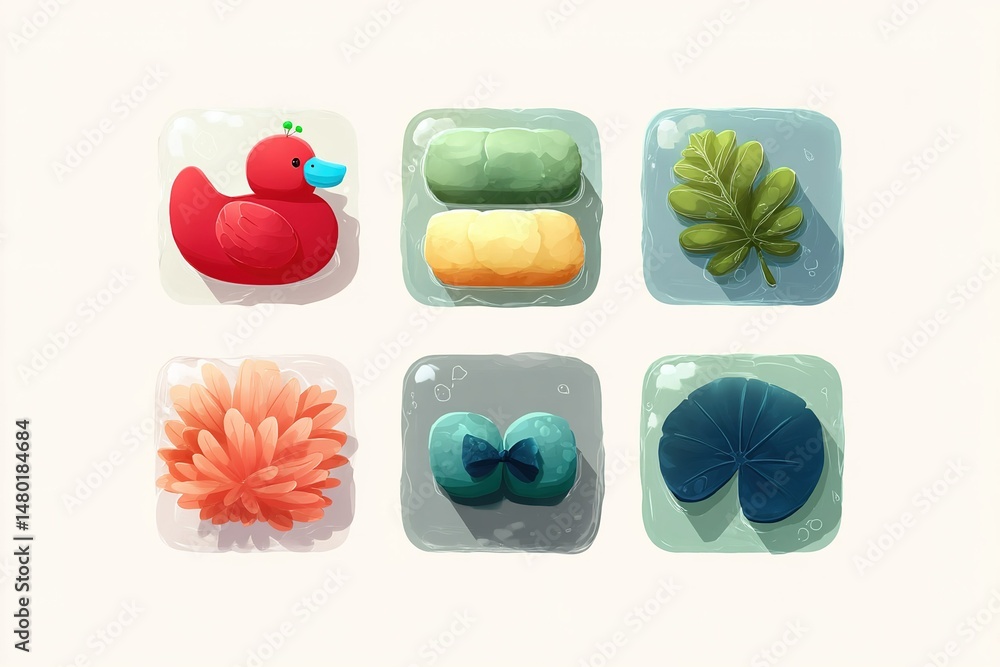 Poster colorful digital art showcasing playful shapes and textures of a red duck and various colorful objec