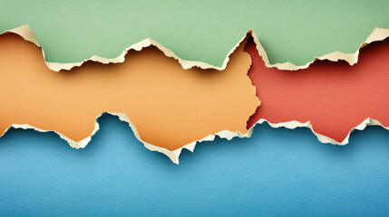Torn colored paper layers reveal different hues, creating a layered abstract design