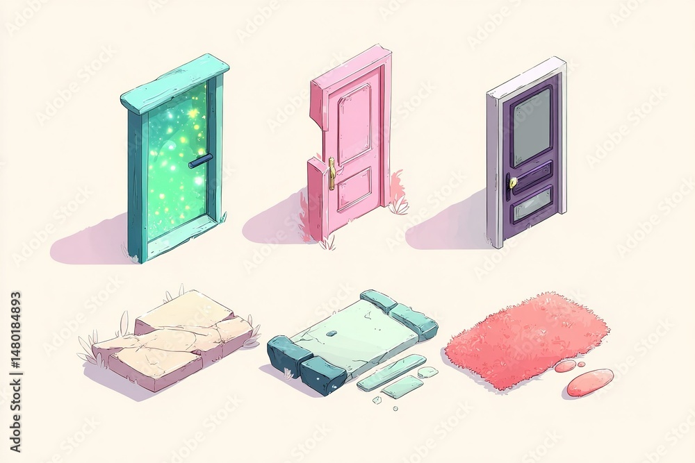 Poster unique doors and pathways in a whimsical setting showcasing various styles and colors in a playful e