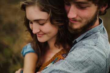 Fototapeta premium Portrait of a tender caucasian couple in their 20s hugging each other