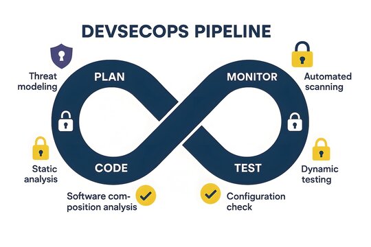 Devsecops pipeline infographic illustrating secure software development lifecycle stages plan code test and monitor with security integrations for cybersecurity business processes.