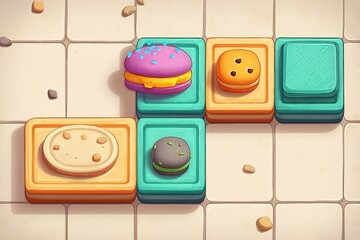 Colorful dessert blocks stacked strategically on a game board featuring cookies and pastries