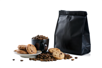 Still life of coffee beans in a cup, cookies on a plate, and a black bag on a black background