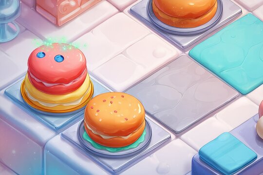 Colorful dessert layers arranged on a vibrant game board in a whimsical setting during daylight hours