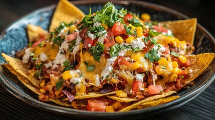 Delicious Nachos with Cheese  Corn  Tomatoes  and Cilantro