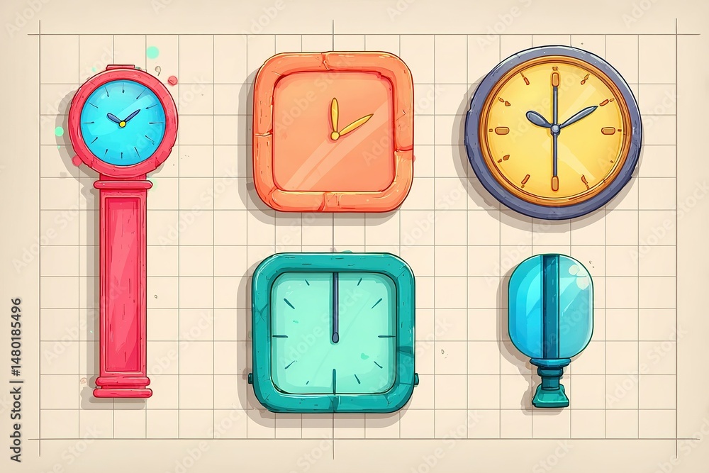 Poster collection of colorful clocks designed with playful shapes and vibrant colors on grid background