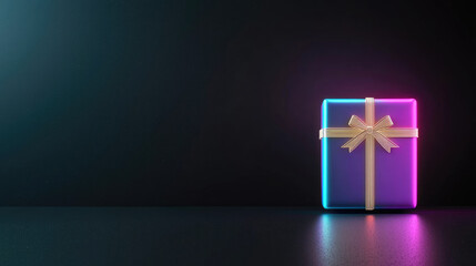 A 3D rendered gift box with neon edges and gold ribbon against dark space