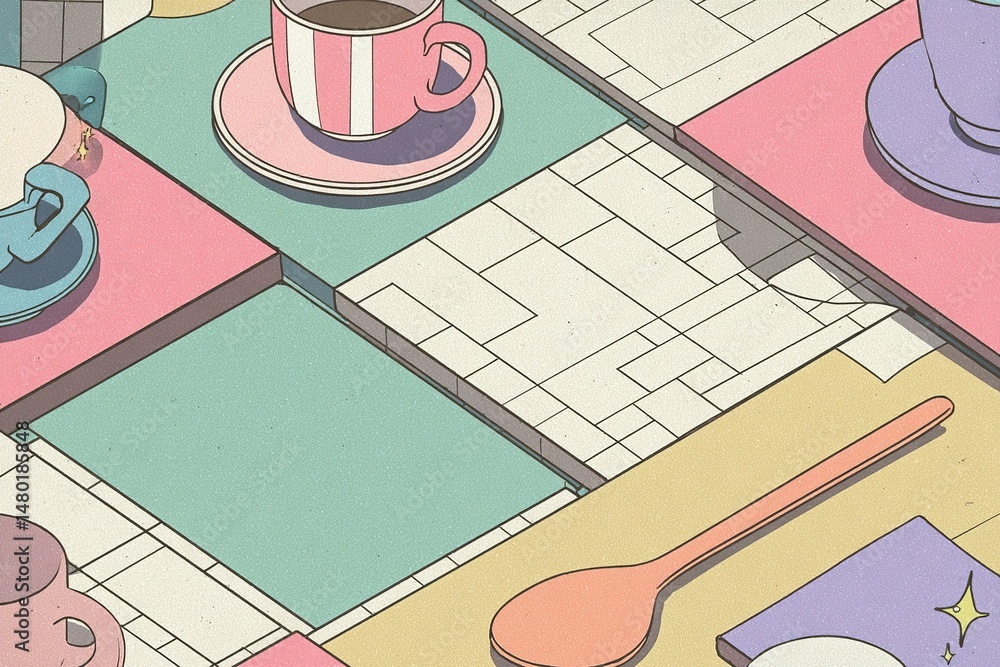 Poster unique pastel table setting with colorful cups and patterns in a cozy cafe environment