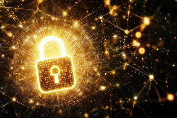 A glowing padlock radiates outwards, surrounded by a network of golden connections and lights