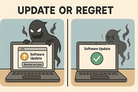 The choice between cybersecurity and regret a visual metaphor of software updates and their importance for digital security