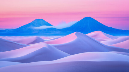 Serene Landscape: Pink Sand Dune and Blue Mountain, a calm scenic panorama for travel brochure or nature themed wallpaper, evoking peace, quiet and reflection