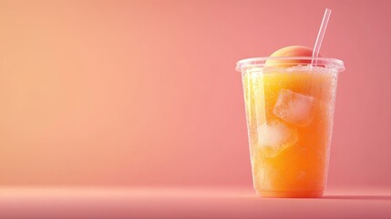 Refreshing Orange Drink in Clear Cup with Ice and Straw Against a Soft Pink Background