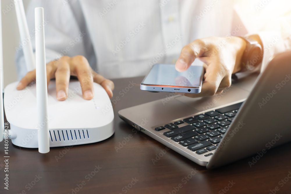 Aufkleber the idea of ​​businessmen is to use the internet, network connectivity using wifi and 5g or wifi7 in