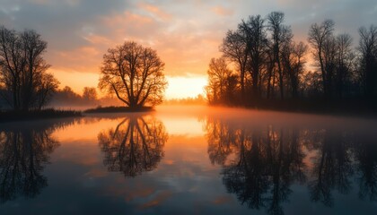 Obraz premium Sunrise over tranquil lake, trees