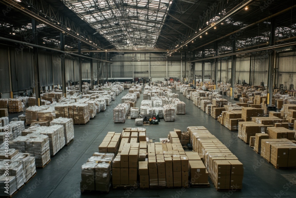 Poster wide angle view of a large distribution warehouse filled with stacked boxes and pallets for shipping