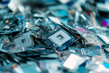 Pile of computer processors in plastic packaging electronic waste recycling