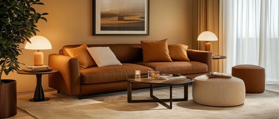 Elegant Living Room Interior Design with Brown Sofa, Warm Lighting, and Modern Decor in Neutral Tones