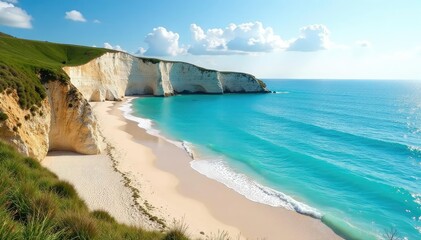 Obraz premium Sandy beach, turquoise Baltic Sea, Scandinavian cliffs , sand, travel