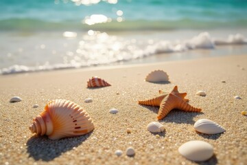 Obraz premium Sandy beach with seashells scattered haphazardly, sun, amusing
