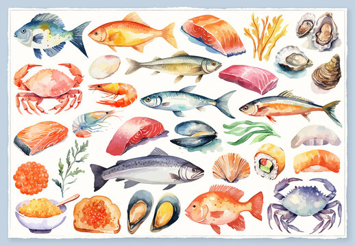 Vector watercolor painted style - seafood clipart isolated on white background.