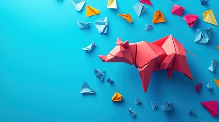 Whimsical Origami Wilderness, A colorful paper animal scene on blue