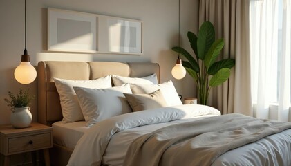 Serene bedroom, pillows arranged for back sleeping, relaxation, night, mattress