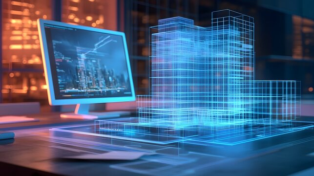 An architect is computer with CAD software and a holographic model