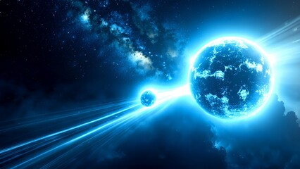 Fototapeta premium Two glowing blue planets connected by bright energy beams float in a star-filled galaxy.