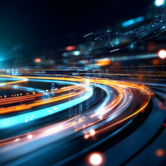 A blurry image of a city with a bright blue line