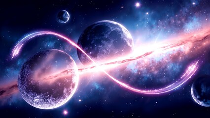 Fototapeta premium Two glowing planets and swirling neon light trails in a vibrant, colorful galaxy with stars and cosmic clouds.