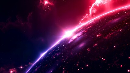 Fototapeta premium A glowing planet with a radiant sunrise in a vibrant, pink-toned space scene filled with stars and cosmic clouds.