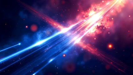 Fototapeta premium Abstract cosmic energy beams intersect in a vibrant, colorful space scene filled with glowing particles and dynamic light effects.