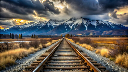 Majestic mountain range and railroad track leading towards dramatic cloudy sunset landscape