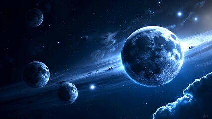 A stunning digital illustration of several planets and moons in deep space, surrounded by stars and cosmic clouds in a blue-hued galaxy scene.