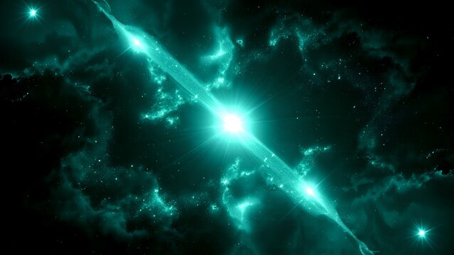 Fototapeta A glowing, teal cosmic explosion illuminates a star-filled nebula, radiating energy across deep space.