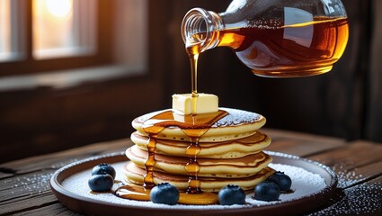 A warm and inviting scene featuring a glass bottle of rich, amber-colored maple syrup being poured in a smooth, flowing motion onto a towering stack of fluffy, golden-brown pancakes