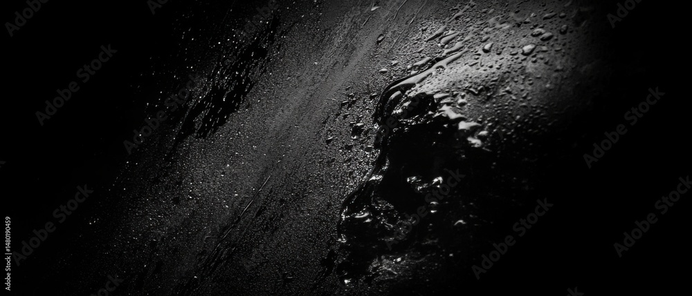 Poster abstract black wet surface close up with water droplets and dark shadows for dramatic effect and tex