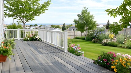 Obraz premium Beautiful Watercolor Illustration of a Trex Deck Extending into a Vibrant Garden