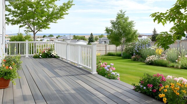 Beautiful Watercolor Illustration of a Trex Deck Extending into a Vibrant Garden