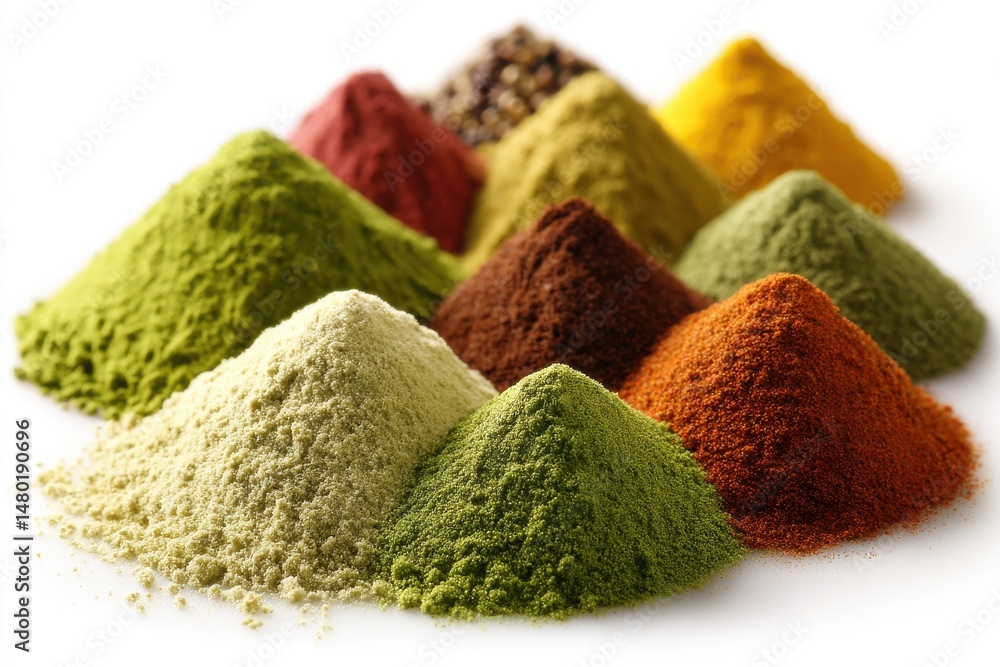 Poster a vibrant arrangement of colorful powdered spices, adding a flavor to any dish. the assortment of sp