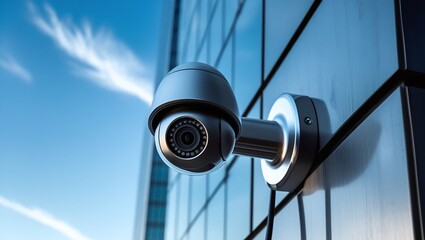 A sleek, high-resolution security camera is mounted on the exterior wall of a modern, polished glass and steel skyscraper, set against a clear blue sky with a few wispy white clouds, the camera's meta