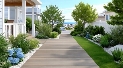 Obraz premium Elegant Watercolor Illustration of a Deck Extending into a Lush Garden Pathway