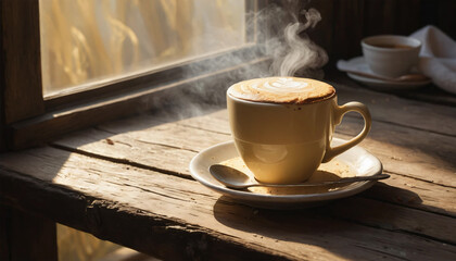 Cozy coffee cup with steaming cappuccino on rustic wooden table in warm morning light, showcasing creamy latte art and soft lighting for a relaxing and inviting atmosphere