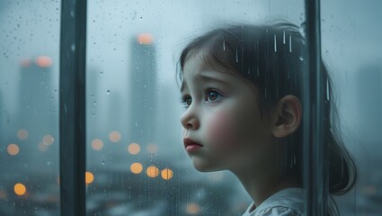 A hauntingly beautiful portrait of a young girl with delicate features, porcelain skin, and expressive brown eyes, gazing wistfully through a foggy, rain-speckled glass panel