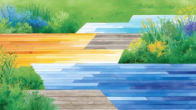 Vibrant Watercolor Illustration of a Trex Deck Surrounded by Lush Greenery and Flowers