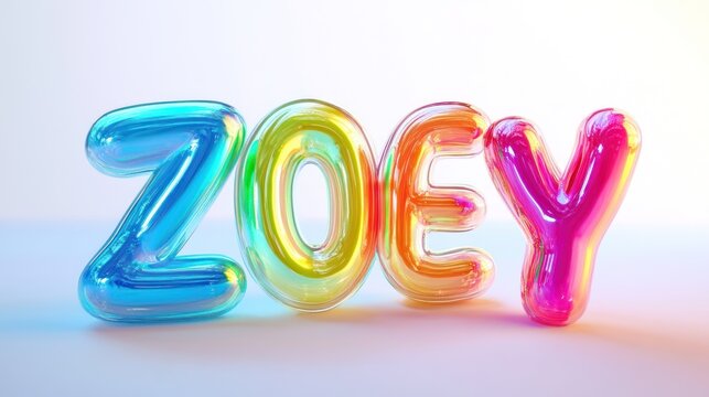 Iridescent balloon letters spelling Zoey against a soft background